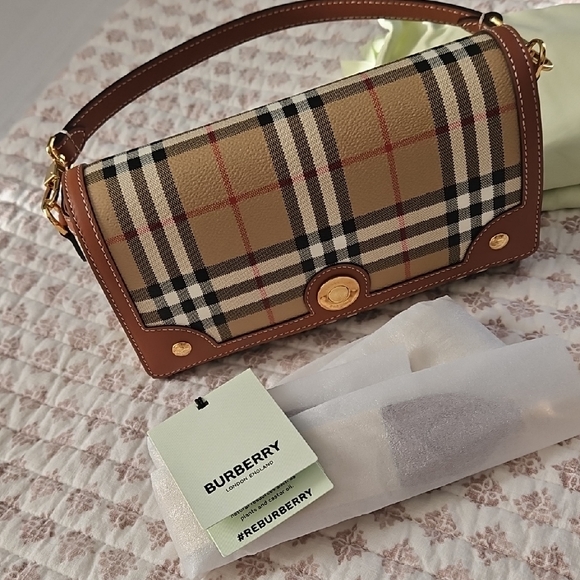 New Burberry Note Crossbody Bag Clutch Check Beige Briar Brown Multi - Picture 11 of 13